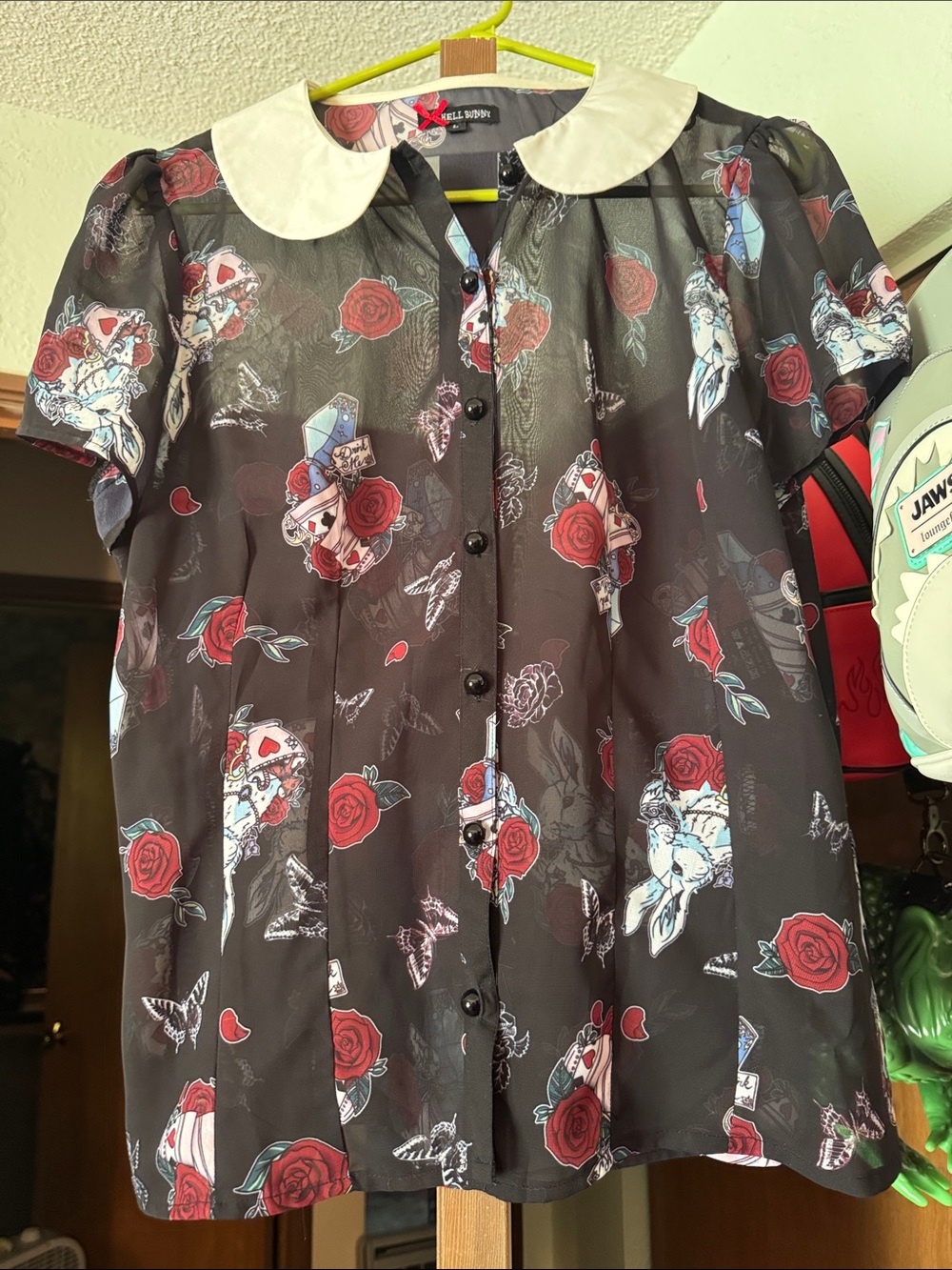 Hell Bunny Black Button-Up Shirt with Red Rose & White Collar